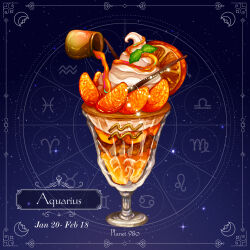 absurdres aquarius_(symbol) caramel chocolate crescent food food_focus fruit highres ice_cream no_humans orange_(fruit) orange_slice original parfait soft_serve star_(sky) starry_sky_background yuki00yo zodiac_wheel