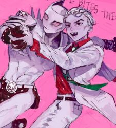 1boy 1other abs animal_ears black_eyes black_skirt black_streaks cat_ears colored_skin diamond_wa_kudakenai gloves hair_slicked_back holding_hands jacket jojo_no_kimyou_na_bouken kawajiri_kosaku killer_queen kira_yoshikage male_focus miniskirt multicolored_hair muscular partially_fingerless_gloves pink_background pink_eyes pink_skin red_shirt shirt simple_background skirt skull_belt slit_pupils spikes stand_(jojo) suit_jacket user_xjny2857 white_jacket