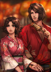 brown_eyes brown_hair eating fingers_interlaced holding_hands husband_and_wife japanese_clothes kimono lips lipstick makeup mitsuya muscular muscular_male obi pectorals sash sengoku_musou squid tachibana_ginchiyo tachibana_muneshige