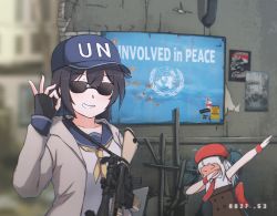2girls baseball_cap beret black_gloves black_hair blue_headwear cardigan chromatic_aberration commentary dab_(dance) english_commentary english_text fingerless_gloves girls&#039;_frontline gloves gun hat highres holding holding_gun holding_weapon long_sleeves meme mp5_(girls&#039;_frontline) multiple_girls ok_sign open_cardigan open_clothes photo-referenced poster_(object) red_headwear sailor_collar school_uniform smile smug sunglasses super_sass super_sass_(girls&#039;_frontline) united_nations united_nations_flag weapon white_hair xandier59