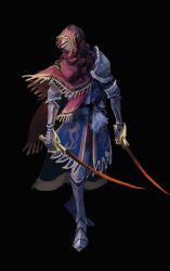 Rule 34 | 1boy, arm armor, armor, armored boots, black background, blue cape, boots, cape, commentary, elden ring, english commentary, full armor, full body, gauntlets, greaves, helmet, highres, holding, holding sword, holding weapon, male focus, red hood, shoulder armor, simple background, solo, standing, sword, tarnished (elden ring), tworain w, weapon