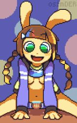 Rule 34 | 1boy, 1girl, animal ears, animated, animated gif, artist name, bar censor, bemani, braid, breasts, brown hair, censored, chibi, commentary request, commission, green eyes, hetero, jacket, long hair, long sleeves, lowres, mimi (pop&#039;n music), naked jacket, navel, nipples, open mouth, osimder, penis, pixel art, pop&#039;n music, pov, pov crotch, pussy, pussy juice, rabbit ears, rabbit girl, sex, skeb commission, small breasts, twin braids, vaginal