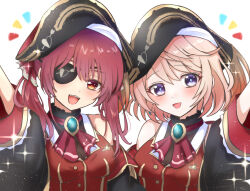 2girls arrow_through_heart ascot bicorne blonde_hair breasts cosplay eleanor_(shironeko_project) hat heart heart-shaped_eyewear highres hololive houshou_marine houshou_marine_(cosplay) large_breasts long_hair looking_at_viewer multiple_girls open_mouth pirate pirate_hat purple_eyes red_ascot red_eyes red_hair shironeko_project short_hair sleeveless sleeveless_jacket smile suzu_(sn_whneko) twintails virtual_youtuber yellow_eyes