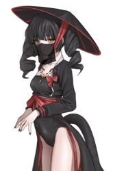 1girl black_hair black_leotard black_nails black_shirt breasts closed_mouth clothing_request collarbone commission covered_navel cowboy_shot drill_hair erenav expressionless facial_mark hat leotard long_hair long_sleeves looking_at_viewer mouth_veil nail_polish original rice_hat sash shirt small_breasts solo standing tail thighs twin_drills twintails veil white_background yellow_eyes