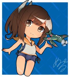Rule 34 | 1girl, aircraft, airplane, blue background, blue one-piece swimsuit, brown eyes, brown hair, chibi, commentary request, highres, i-401 (kancolle), kantai collection, looking at viewer, m6a seiran, medium hair, null (middlenull), old school swimsuit, one-piece swimsuit, orange sailor collar, ponytail, sailor collar, school swimsuit, short ponytail, side-tie shirt, signature, solo, standing, swimsuit, swimsuit under clothes, watermark, watermark grid