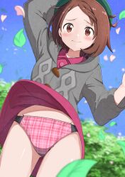 Rule 34 | 1girl, absurdres, arm up, beret, blurry, blurry background, blush, brown eyes, brown hair, buttons, cardigan, closed mouth, clothes lift, collared dress, commission, day, dress, dress lift, eyelashes, falling leaves, gloria (pokemon), green hat, grey cardigan, hat, highres, hood, hood down, hooded cardigan, large variant set, leaf, looking down, negimiso1989, nintendo, outdoors, panties, pantyshot, pink panties, pixiv commission, plaid clothes, plaid panties, pokemon, pokemon swsh, raised eyebrows, raised inner eyebrows, sky, solo, underwear, variant set, wind, wind lift