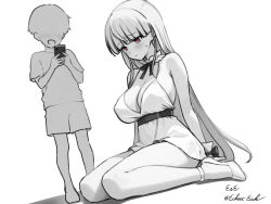 1boy 1girl alternate_costume bare_shoulders blunt_bangs blush breasts cellphone cleavage closed_mouth commentary dress eckert&amp;eich faceless faceless_male greyscale high_heels highres holding holding_phone kantai_collection kirov_(kancolle) long_hair monochrome neck_ribbon nose_blush phone pink_eyes ribbon shirt shorts simple_background sitting sleeveless sleeveless_dress smartphone spot_color standing sweat twitter_username very_long_hair