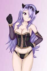 1girl absurdres arm_guards armpit_crease armpits asymmetrical_bangs black_corset black_gloves black_panties breasts camilla_(fire_emblem) clenched_hands collarbone corset curvy elbow_gloves eyelashes facing_viewer fake_horns female_focus fire_emblem fire_emblem_fates fire_emblem_warriors gloves gradient_background groin hair_ornament hair_over_one_eye hand_on_own_hip hand_up head_tilt highres horns intelligent_systems large_breasts legs lingerie long_hair matching_hair/eyes matching_underwear midriff navel neck nintendo official_alternate_costume official_underwear panties print_panties purple_eyes purple_hair seductive_smile sidelocks smile sonicheroxd standing strapless thigh_gap thighs thong tiara tight_clothes underwear underwear_only wavy_hair