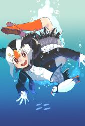 1girl atlantic_puffin_(kemono_friends) bird bird_girl bird_tail bird_wings black_hair black_jacket blonde_hair blush brown_scarf gloves hair_between_eyes head_wings jacket kemono_friends long_sleeves ma2uastro multicolored_hair necktie open_clothes open_jacket open_mouth orange_eyes orange_hair orange_shoes orange_socks pleated_skirt puffin scarf shirt shoes short_hair sidelocks skirt socks sweater swimming tail underwater white_gloves white_hair white_necktie white_shirt white_skirt white_sweater wings