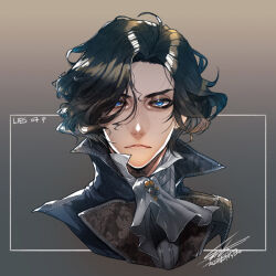 1boy ascot black_hair blue_eyes blue_jacket closed_mouth collared_jacket frown grey_background hiryuu_(kugelcruor) jacket lies_of_p looking_at_viewer male_focus pinocchio_(lies_of_p) portrait short_hair signature solo white_ascot