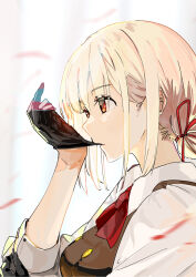 1girl black_gloves blonde_hair bow bowtie breasts collared_shirt commentary_request dress_shirt from_side funi_mu9 gloves hair_ribbon highres lycoris_recoil medium_breasts nishikigi_chisato partial_commentary profile putting_on_gloves red_bow red_bowtie red_eyes red_ribbon ribbon shirt short_hair sidelocks solo upper_body white_background