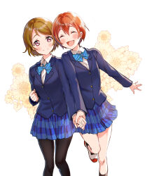 2girls blue_bow blue_jacket blue_skirt bow brown_hair closed_eyes commentary_request floral_background highres holding_hands hoshizora_rin jacket kneehighs koizumi_hanayo long_sleeves love_live! love_live!_school_idol_project multiple_girls naarann open_mouth orange_hair otonokizaka_school_uniform pantyhose purple_eyes school_uniform shoes skirt smile socks uwabaki white_shoes winter_uniform