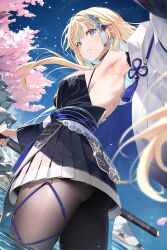 1girl absurdres aizawa_ema aizawa_ema_(5th_costume) aqua_eyes aqua_hair armpits ass_peek backless_kimono black_pantyhose blonde_hair blunt_bangs breasts cherry_blossoms chokutou colored_inner_hair commentary_request dress from_below furisode_sleeves hair_ornament haori highres holding holding_sword holding_weapon japanese_clothes kimono kimono_dress long_hair looking_at_viewer looking_down median_furrow medium_breasts multicolored_hair ninja obi obijime official_alternate_costume official_alternate_hairstyle pantyhose parted_lips pleated_dress ruo19 sash scabbard sheath sleeveless sleeveless_kimono solo sword tassel teeth two-tone_hair unsheathing virtual_youtuber vspo! wading weapon white_haori