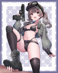Rule 34 | 1boy, 1girl, absurdres, bar censor, belt, belt buckle, black bra, black panties, boots, bra, breasts, buckle, censored, cropped jacket, goggles, goggles on headwear, green hat, grey hair, gun, handgun, hat, highleg, highleg panties, highres, holding, holding gun, holding weapon, jacket, knee brace, lumina414, medium breasts, medium penis, military jacket, navel, open clothes, open jacket, open mouth, original, panties, penis, purple eyes, shoejob, single thighhigh, stepped on, teeth, testicles, thigh strap, thighhighs, thighs, twintails, underwear, upper teeth only, weapon