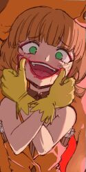 Rule 34 | 1girl, :o, brown hair, crazy smile, fingers to cheeks, fingersmile, gloves, green eyes, looking at viewer, magical girl, mahou shoujo madoka magica, mahou shoujo oriko magica, monznyan, open mouth, smile, solo, straight-on, teeth, upper body, upper teeth only, yellow gloves, yuuki sasa
