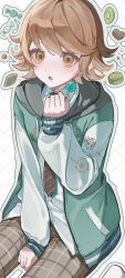 1boy absurdres arm_between_legs blush brown_eyes brown_hair candy collared_shirt commentary danganronpa:_trigger_happy_havoc danganronpa_(series) diagonal-striped_clothes diagonal-striped_necktie english_commentary eyelashes flipped_hair food fujisaki_chihiro happy_birthday highres holding holding_candy holding_food holding_lollipop hood hoodie jacket lollipop long_sleeves looking_at_viewer male_focus necktie open_clothes open_hoodie open_mouth pants plaid_clothes plaid_pants shirt short_hair sitting solo striped_clothes sweets trap yukihirayukumi