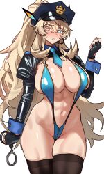 1girl abs absurdres barghest_(fate) black_gloves black_thighhighs blonde_hair blue_eyes blue_slingshot_swimsuit blush breasts cuffs ebora fate/grand_order fate_(series) fingerless_gloves gloves hand_up handcuffs hat heterochromia highres large_breasts long_hair looking_at_viewer microphone navel orange_eyes police_hat ponytail shrug_(clothing) slingshot_swimsuit solo swimsuit thighhighs toned toned_female white_background
