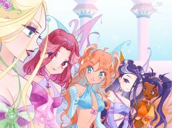 Rule 34 | 5girls, alfea, alternate costume, arm ribbon, asian, bad id, bad twitter id, bare shoulders, blonde hair, blue choker, blue eyes, blue gloves, blue pupils, blue shirt, blue skirt, blue sky, bottle, breasts, bright pupils, brown eyes, center opening, chocofish, choker, circlet, cleavage, clenched hand, closed mouth, collar, collarbone, commentary, cornelia hale, cowboy shot, crop top, dark-skinned female, dark skin, day, detached collar, double bun, dress, elbow gloves, enchantix, english commentary, eyelashes, eyes visible through hair, eyeshadow, fairy, fairy wings, flower, frilled shirt, frills, glitter, gloves, green ribbon, hair bobbles, hair bun, hair flower, hair ornament, hair over one eye, hair ribbon, halter shirt, halterneck, happy, hay lin, high collar, highres, instagram username, irma lair, light blush, light particles, lineup, lipstick, long hair, magical girl, makeup, medium hair, midriff, multicolored hair, multiple girls, navel, neck ribbon, open mouth, orange eyes, orange eyeshadow, orange hair, orange shirt, orange wings, outdoors, oversized wings, own hands together, pale skin, parted lips, pink choker, pink collar, pink eyeshadow, pink flower, pink gloves, pink hair, pink lips, pink pupils, pink ribbon, pink rose, pink shirt, pink wings, purple choker, purple dress, purple eyeshadow, purple gloves, purple hair, purple shirt, purple wings, red eyes, red lips, ribbon, rose, school, shirt, sidelocks, single strap, skirt, skirt set, sky, smile, standing, strapless, strapless dress, streaked hair, talking, tan, taranee cook, teeth, tower, twitter username, two-tone shirt, two side up, upper body, upper teeth only, very dark skin, very long hair, w.i.t.c.h., watermark, wavy hair, white pupils, will vandom, wings, winx club, yellow shirt