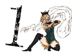 1girl aqua_eyes black_boots black_gloves boots breasts collared_shirt commentary dress from_side full_body gloves green_dress hairband highres hitodama katana kneeling konpaku_youmu konpaku_youmu_(ghost) kyanduru lace-up_boots long_sleeves medium_breasts on_one_knee open_mouth profile shirt short_dress short_hair silver_hair simple_background smile solo spread_legs sword thigh_boots thighhighs thighs touhou weapon white_background white_shirt