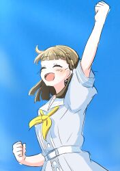 1girl :d ^_^ arm_up blue_background blue_dress blunt_bangs blush braid brown_hair clenched_hands closed_eyes commentary_request daime_(hyahhaa10) dress hasu_no_sora_school_uniform highres kachimachi_kosuzu link!_like!_love_live! love_live! neckerchief open_mouth puffy_short_sleeves puffy_sleeves raised_fist sailor_collar sailor_dress school_uniform short_sleeves side_braids simple_background smile solo summer_uniform upper_body virtual_youtuber white_sailor_collar yellow_neckerchief