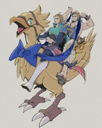 2boys armor armpits bare_shoulders bird blonde_hair blue_bow blue_ribbon blue_shirt boots bow brothers chocobo dated edgar_roni_figaro facial_hair final_fantasy final_fantasy_vi full_body green_eyes grin hair_ribbon hair_tie holding holding_reins low_ponytail male_focus multi-tied_hair multiple_boys muscular muscular_male pants parted_lips ponytail reins ribbon riding riding_bird sabin_rene_figaro sash sharp_na_ago shirt shoulder_armor siblings smile stubble teeth twins twitter_username waist_sash white_footwear wristband yellow_pants