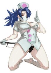 Rule 34 | 1girl, blue hair, bonesaw, breasts, choker, covered navel, eyepatch, facing viewer, full body, gloves, groin tendon, hair over one eye, hat, highres, index finger raised, kneeling, large breasts, latex, latex gloves, leg wrap, legs apart, looking down, mask, mouth mask, nanado (pnzx7787), nurse cap, panties, ponytail, red eyes, saw, skullgirls, solo, surgical mask, underwear, valentine (skullgirls), white background
