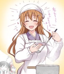 1girl 3girls apron artist_name artist_request blush breasts brown_hair check_translation closed_eyes commentary_request cooking dress female_focus hair_between_eyes hair_ornament hairclip heart heart_(symbol) heart_print holding konoe_kanata long_hair long_sleeves looking_at_viewer love_live! love_live!_nijigasaki_high_school_idol_club multiple_girls parted_lips pot puffy_long_sleeves puffy_sleeves smile takasaki_yu translated translation_request uehara_ayumu upper_body white_apron white_dress
