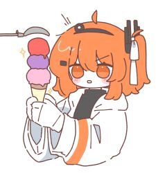 1girl a.i._voice adachi_rei ahoge black_shirt blush commentary food gloves hair_ornament hair_ribbon hairclip headlamp highres holding holding_food holding_ice_cream hood hood_down hooded_jacket ice_cream ice_cream_scoop_(utensil) jacket long_sleeves medium_hair mei_(meiday_mise) one_side_up open_clothes open_jacket orange_eyes orange_hair parted_lips radio_antenna ribbon shirt simple_background solo sparkle symbol-only_commentary upper_body utau white_background white_gloves white_jacket white_ribbon