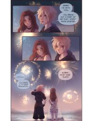 1boy 1girl aerith_gainsborough aerith_gainsborough_(citric_dress) aqua_eyes armlet armor arms_behind_back beach black_choker black_sailor_collar black_shirt black_shorts blonde_hair blurry blurry_background blush brown_hair choker cloud_strife cloud_strife_(maritime_sailor) couple crop_top dress earrings english_text final_fantasy final_fantasy_vii final_fantasy_vii_ever_crisis fireworks food_print fruit_print green_eyes green_ribbon hair_ribbon half_updo hand_in_own_hair hand_on_own_hip hetero highres jewelry leather_armor long_dress long_hair looking_at_another nimuello ocean official_alternate_costume orange_print parted_bangs print_dress ribbon sailor_collar see-through_clothes see-through_skirt shirt short_hair shorts sidelocks single_earring skirt speech_bubble spiked_hair talking wristband