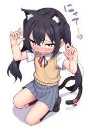 1girl animal_ear_fluff animal_ears bell black_hair black_socks brown_eyes cat_ears cat_girl cat_tail embarrassed fang flat_chest grey_skirt highres isinose_(ilxodidli) k-on! kneeling long_hair looking_at_viewer nakano_azusa open_mouth sakuragaoka_high_school_uniform school_uniform short_sleeves skirt socks solo tail tail_bell tail_ornament twintails