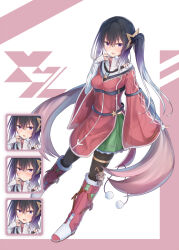 Rule 34 | 1girl, black hair, black pantyhose, blush, boots, breasts, dress, fingerless gloves, full body, fur-trimmed boots, fur trim, gloves, gradient hair, green skirt, hair between eyes, hair ornament, hand up, highres, knee boots, long hair, long sleeves, looking at viewer, multicolored hair, multiple expressions, multiple views, open mouth, original, pantyhose, pleated skirt, purple eyes, purple hair, red dress, side ponytail, skirt, tooto (ryuto333), white background, wide sleeves