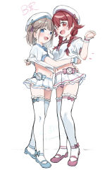 2girls :d blue_eyes braid breasts grey_hair highres idolmaster idolmaster_shiny_colors komiya_kaho kumanomi long_hair medium_breasts medium_hair midriff multiple_girls navel open_mouth red_eyes red_hair serizawa_asahi small_breasts smile thighhighs twin_braids zettai_ryouiki