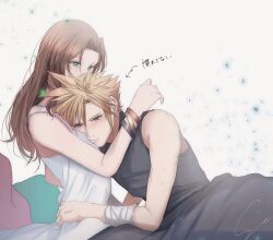 1boy 1girl aerith_gainsborough arm_around_neck bandaged_arm bandages bangle bare_shoulders blonde_hair blue_eyes blush bracelet brown_hair cloud_strife couple cuddling dress earrings final_fantasy final_fantasy_vii final_fantasy_vii_rebirth final_fantasy_vii_remake green_eyes grey_pants grey_shirt hair_between_eyes hand_on_another&#039;s_waist hetero highres jewelry long_hair pants parted_bangs shirt short_hair signature single_earring sleeveless sleeveless_dress sleeveless_turtleneck spiked_hair turtleneck white_background white_dress yuu_crazy_doll_sae