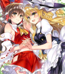 Rule 34 | 2girls, adapted costume, apron, ascot, black hat, black skirt, black vest, blonde hair, blush, bow, braid, breasts, brown eyes, brown hair, chacham, closed mouth, commentary request, detached sleeves, frilled bow, frilled hair tubes, frilled skirt, frills, hair bow, hair tubes, hakurei reimu, hat, hat bow, hip vent, holding hands, interlocked fingers, kirisame marisa, long hair, looking at viewer, marker (medium), multiple girls, navel, open mouth, red bow, red skirt, ribbon-trimmed sleeves, ribbon trim, side braid, sideboob, single braid, skirt, skirt set, smile, touhou, traditional media, twitter username, vest, waist apron, white apron, white bow, witch hat, yellow ascot, yellow eyes