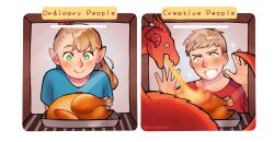 1boy 1girl against_glass blonde_hair blue_shirt blush breath_weapon breathing_fire chicken_(food) closed_mouth commentary comparison cooking dehubbleton dragon dungeon_meshi elf english_commentary english_text excited fire food green_eyes grey_hair hand_on_glass happy highres horns laios_touden long_hair looking_down marcille_donato meme_request multiple_horns open_mouth oven oven_interior pointy_ears ponytail red_dragon_(dungeon_meshi) red_shirt shirt short_hair short_sleeves smile sparkling_eyes tray twitter_username upper_body waiting western_dragon