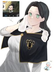 1girl black_bulls_(emblem) black_capelet black_clover black_hair breasts capelet charmy_pappitson drying green_eyes highres large_breasts long_hair looking_at_viewer reference_inset rizaavana shirt simple_background solo_focus sweat towel towel_around_neck upper_body white_background white_shirt
