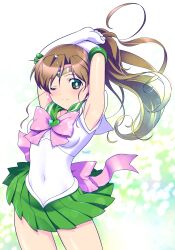 Rule 34 | 1girl, ;), arms up, back bow, bishoujo senshi sailor moon, bow, breasts, bright pupils, brown hair, circlet, closed mouth, covered navel, earrings, elbow gloves, flower earrings, gloves, green eyes, green skirt, heart, highres, himehachi (hime8manga), jewelry, kino makoto, legs apart, long hair, magical girl, medium breasts, miniskirt, one eye closed, pink bow, pleated skirt, ponytail, sailor jupiter, sailor senshi uniform, shirt, skirt, sleeveless, sleeveless shirt, smile, solo, split mouth, standing, super sailor jupiter, white gloves, white pupils, white shirt