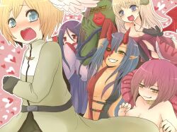 1boy 5girls :d :q acolyte_(ragnarok_online) age_difference ajie_(sura-kun) black_gloves black_leotard blonde_hair blue_eyes blush breasts cassock cleavage colored_skin commentary_request demon_girl female_orc fleeing gloves green_skin grin heart heart_background isis_(ragnarok_online) lamia large_breasts leotard lips long_sleeves looking_at_another monster_girl multiple_girls onee-shota open_mouth orc orc_lady_(ragnarok_online) pointy_ears purple_hair ragnarok_online red_eyes red_leotard red_wings running smile sohee succubus_(ragnarok_online) tongue tongue_out upper_body wings yellow_eyes zealotus