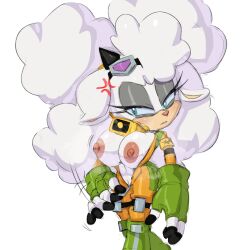 anger_vein angry animal_ears animal_nose bell belt belt_buckle blue_eyes bodysuit breasts breasts_bounce breasts_out buckle collar curvy eyelashes fingerless_gloves fluffy gloves goggles goggles_on_head hair_between_eyes hand_on_own_hip highres lanolin_the_sheep large_breasts long_hair navel nipples sega sheep sheep_ears sheep_girl simple_background sonic_(series) twintails unzipped_bodysuit unzipping very_long_hair white_background white_fur wool