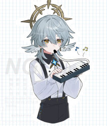 1boy aged_down alternate_costume collared_shirt cowboy_shot grey_hair hair_between_eyes halo head_wings highres honkai:_star_rail honkai_(series) instrument keyboard_(instrument) long_sleeves male_focus melodica musical_note shirt short_hair shorts simple_background sltandrmn solo sunday_(honkai:_star_rail) suspender_shorts suspenders white_background white_shirt wings yellow_eyes