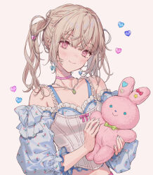 1girl bare_shoulders blonde_hair blue_sleeves blush breasts camisole choker closed_mouth collarbone commentary detached_sleeves grey_background heart highres holding holding_stuffed_toy looking_at_viewer medium_hair navel original pink_choker purple_eyes simple_background small_breasts smile solo stuffed_animal stuffed_rabbit stuffed_toy symbol-only_commentary upper_body white_camisole yutsumoe