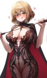 1girl absurdres anis_(nikke) black_cape black_dress blush breasts brown_eyes brown_hair cape chronopattern_dress cleavage dress goddess_of_victory:_nikke highres holding large_breasts looking_at_viewer maviss_03 meme_attire navel pointer red_cape short_hair smile solo tongue tongue_out two-tone_cape