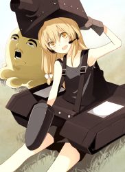 1girl arm_up armpits black_shirt black_shorts blonde_hair blush bow brown_gloves commentary cookie_(touhou) feet_out_of_frame gloves grass hair_between_eyes hair_bow headphones highres kirisame_marisa long_hair looking_at_viewer manatsu_no_yo_no_inmu microphone military military_vehicle miura_daisenpai miyako_(naotsugu) mole mole_under_mouth motor_vehicle open_mouth shell_casing shirt shorts single_glove sitting squid tank tank_costume tank_top touhou uzuki_(cookie) white_bow yellow_eyes