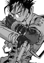 1boy arm_belt belt chinese_commentary coat collared_coat commentary_request cowboy_shot ear_piercing earrings fingerless_gloves glaring glasses gloves greyscale gun handgun highres holding holding_gun holding_weapon jewelry looking_ahead male_focus mole mole_under_eye monochrome multiple_belts oxalicacid23 piercing revolver rimless_eyewear round_eyewear simple_background solo trigun vash_the_stampede weapon white_background