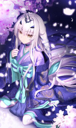 Rule 34 | 1girl, black choker, blue kimono, brown eyes, cherry blossoms, choker, closed mouth, fairy knight lancelot (dream portrait) (fate), fate/grand order, fate (series), forked eyebrows, hair ornament, hair spread out, highres, japanese clothes, kimono, layered clothes, layered kimono, long hair, long sleeves, looking at viewer, melusine (dream portrait) (fate), melusine (fate), multicolored kimono, neko daruma, obi, official alternate costume, petals, purple kimono, sash, sitting, sleeves past wrists, solo, very long hair, wariza, white hair, wide sleeves