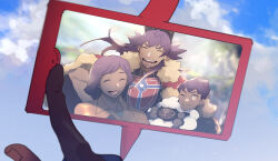1girl 2boys brothers cape cellphone closed_eyes dark-skinned_female dark-skinned_male dark_skin family_portrait gen_4_pokemon gen_8_pokemon hop&#039;s_mother_(pokemon) hop_(pokemon) leon_(pokemon) mother_and_son multiple_boys nintendo no-kan one_eye_closed phone picture_frame pokemon pokemon_swsh rotom rotom_phone siblings sky smartphone wink wooloo yellow_eyes