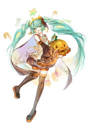 1girl :d absurdres aqua_hair black_bow black_dress black_sleeves black_thighhighs blue_eyes bow braid cape detached_sleeves diagonal-striped_clothes diagonal-striped_necktie dress footwear_bow full_body green_eyes halloween halloween_costume hatsune_miku highres holding layered_sleeves long_hair long_sleeves necktie open_mouth orange_shorts orange_stripes pumpkin short_dress short_shorts shorts shorts_under_dress smile solo striped_clothes striped_thighhighs thighhighs twin_braids twintails vertical-striped_clothes vertical-striped_thighhighs very_long_hair vocaloid white_background white_stripes zettai_ryouiki zhongji_yaoguai
