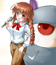 Rule 34 | 1girl, aka tawashi, blunt bangs, blush, bow, bowtie, braid, breasts, brown eyes, brown hair, brown pants, collared shirt, evil eye sigma, hair bow, happy, highres, long hair, long sleeves, medium breasts, military, military vehicle, motor vehicle, open mouth, pants, red bow, red bowtie, rika (touhou), shirt, simple background, standing, tank, tools, touhou, touhou (pc-98), twin braids, white background, white shirt, wrench