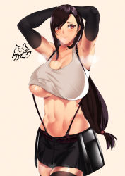 1girl abs armpits arms_behind_head arms_up bare_shoulders belt black_gloves black_hair black_skirt black_thighhighs blush breasts cleavage closed_mouth collarbone elbow_gloves female_focus final_fantasy final_fantasy_vii gloves highres kurozawa_yui large_breasts long_hair looking_at_viewer low-tied_long_hair midriff navel red_eyes shirt simple_background skirt solo suspender_skirt suspenders swept_bangs tank_top taut_clothes taut_shirt thighhighs thighs tifa_lockhart white_tank_top