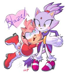 2girls amy_rose blaze_the_cat blush boots cat_girl dress eyelashes forehead_jewel fur-trimmed_footwear fur-trimmed_gloves fur_trim furry furry_female gloves gold_necklace green_eyes heart heartludwig highres hug jacket jewelry multiple_girls necklace pants pink_boots pink_fur ponytail purple_fur purple_jacket red_dress red_footwear sonic_(series) white_pants yellow_eyes